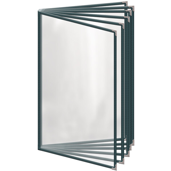 A green H. Risch, Inc. vinyl menu cover with silver decorative corners and a glossy finish on a white background.