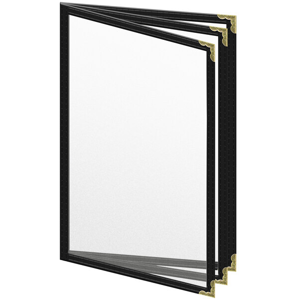 A white rectangular menu cover with a black border and gold decorative corners.