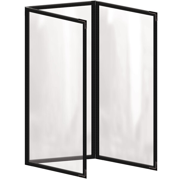 A black rectangular menu cover with white corners and a gloss finish.