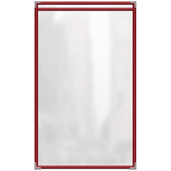 A white board with red trim holding a red rectangular menu cover with silver corners.