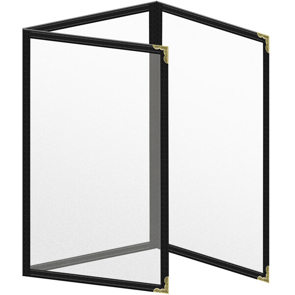 A black rectangular menu cover with gold decorative corners.