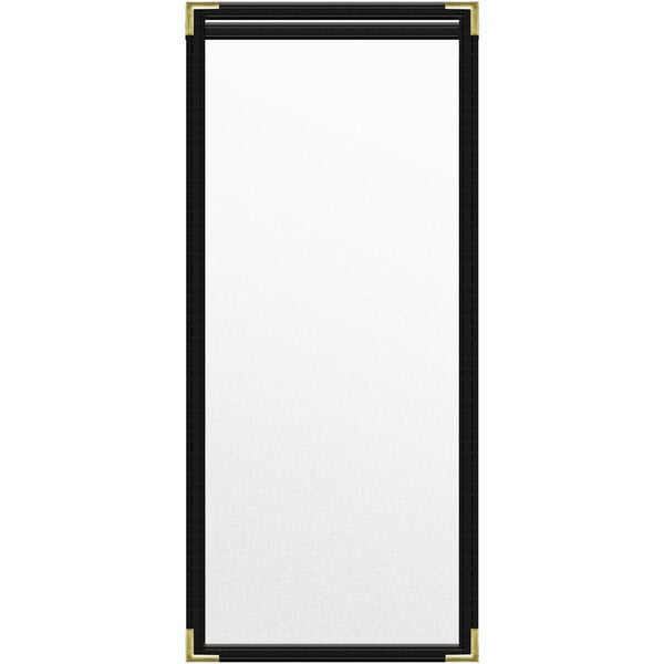 A white rectangular object with black edges and gold corners.