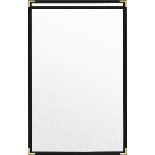 A white rectangular menu cover with black edges and gold corners.