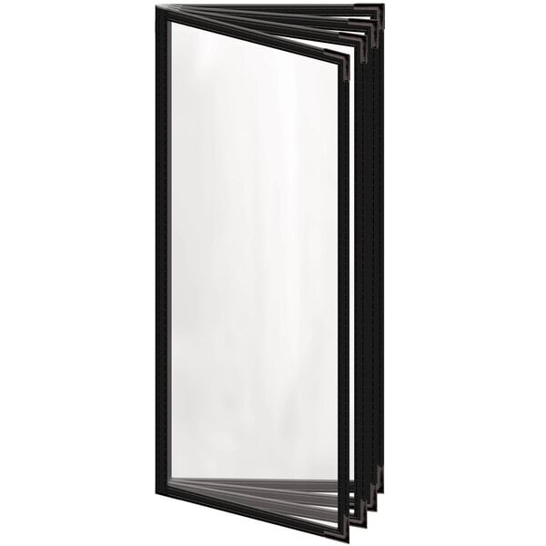 A black rectangular menu cover with a glossy finish and black smooth corners.