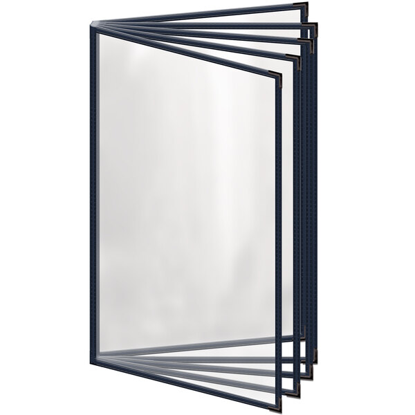 A close-up of a blue vinyl menu cover with black smooth corners containing 10 clear plastic frames.