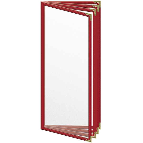 A red rectangular menu cover with gold corners.