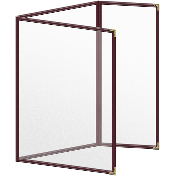 A rectangular maroon menu cover with gold decorative corners.