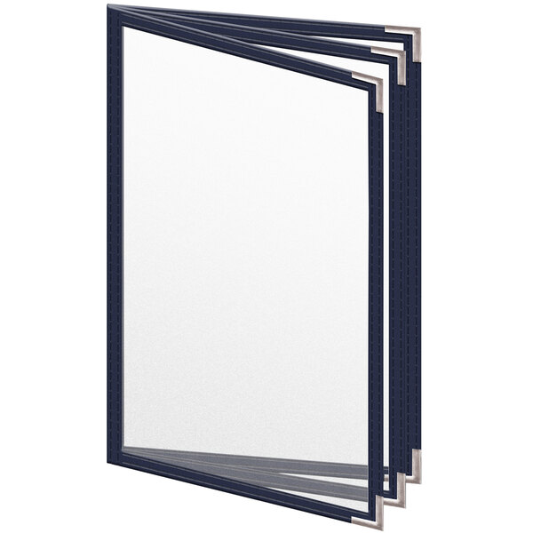 A stack of blue vinyl menu covers with silver corners and a matte finish.