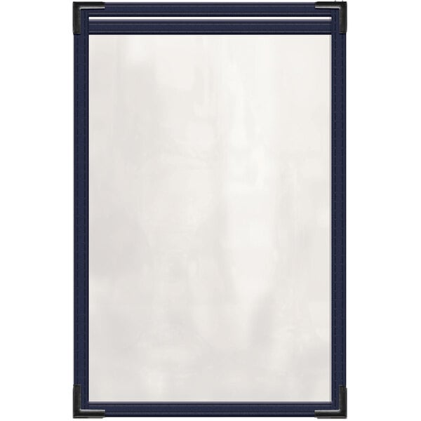 A blue rectangular menu cover with black corners and a gloss finish.