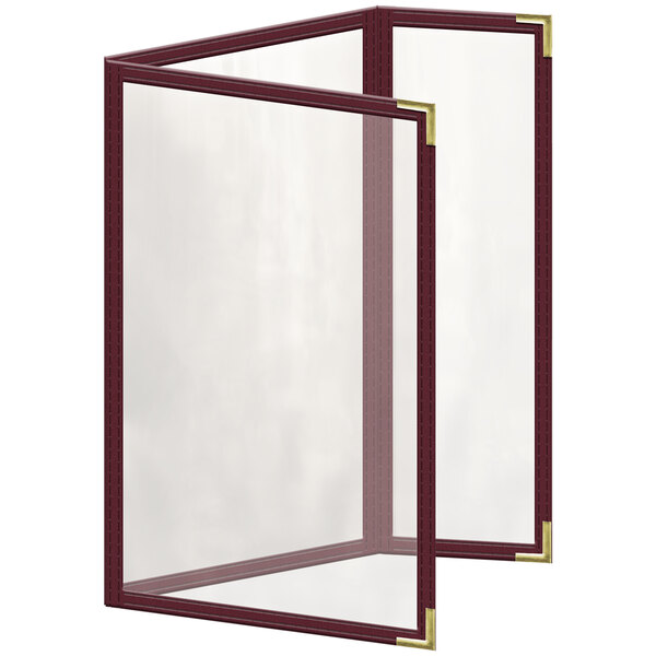 A maroon menu cover with a clear cover and gold corners.