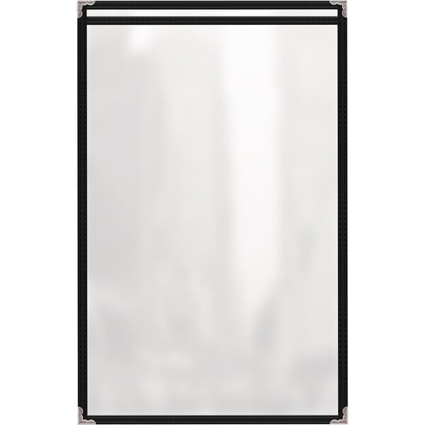 A white rectangular menu cover with black edges.