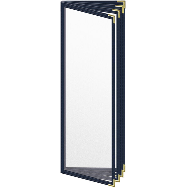 A blue rectangular menu cover with gold corners.