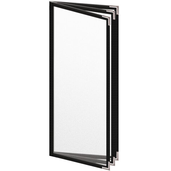 A black rectangular menu cover with black edges and silver corners.