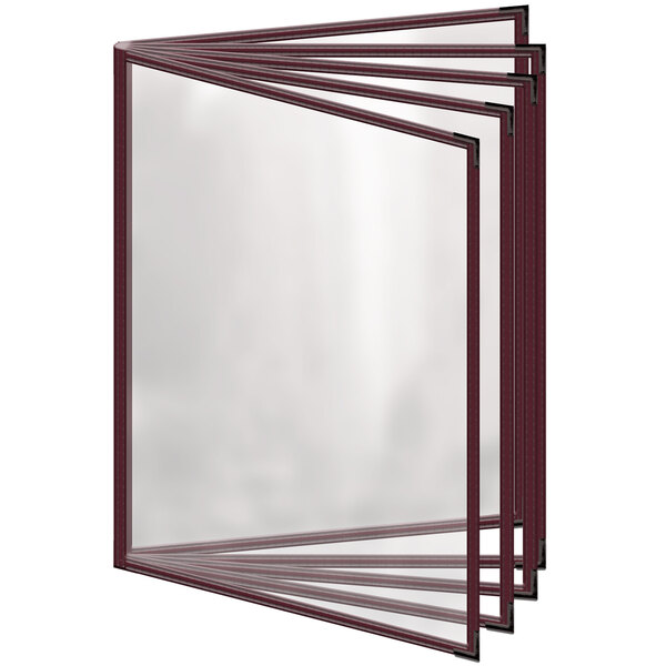 A maroon vinyl menu cover with black smooth corners and a gloss finish with clear plastic panels inside.
