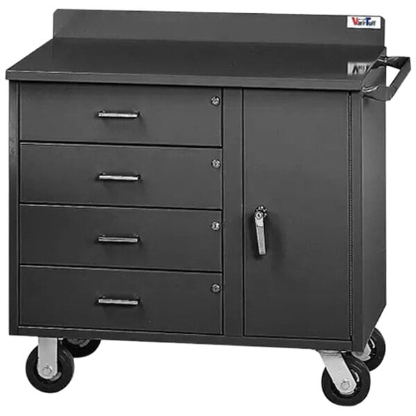 A black metal Valley Craft workbench with drawers and a door on wheels.