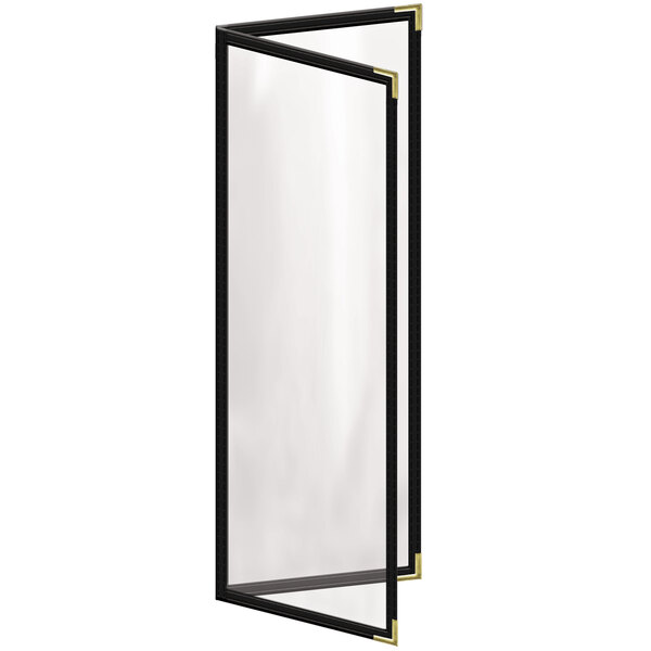 A black rectangular menu cover with gold smooth corners and black and gold lines.