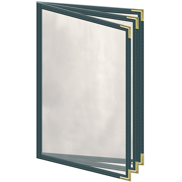 A green vinyl menu cover with gold trim and smooth corners.