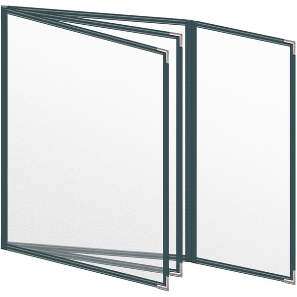 A white rectangular H. Risch, Inc. vinyl menu cover with black borders and silver corners.