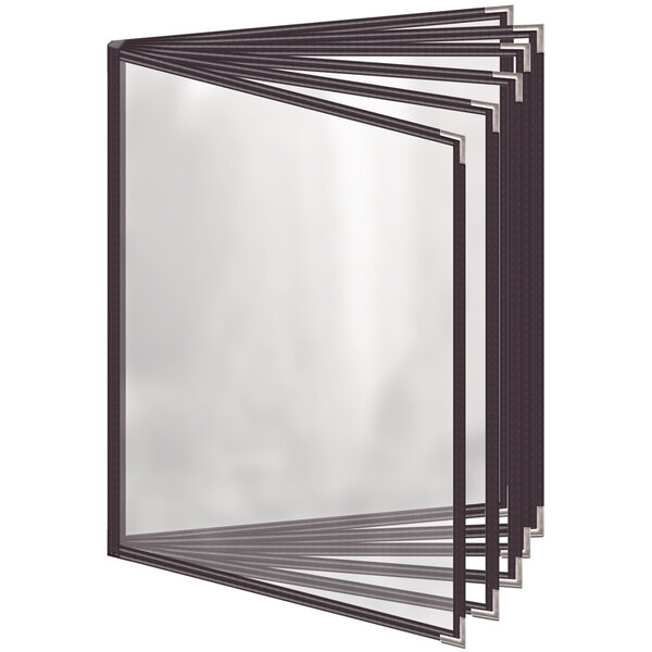 A stack of H. Risch, Inc. brown vinyl menu covers with silver smooth corners and a glass finish.