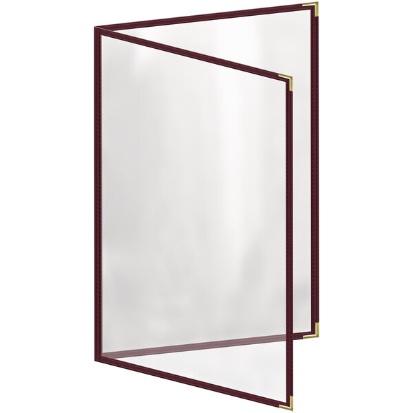 A maroon menu cover with gold corners and a glossy finish.