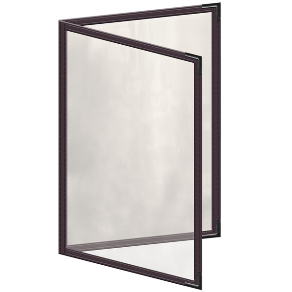 A brown rectangular menu cover with black corners and a gloss finish.