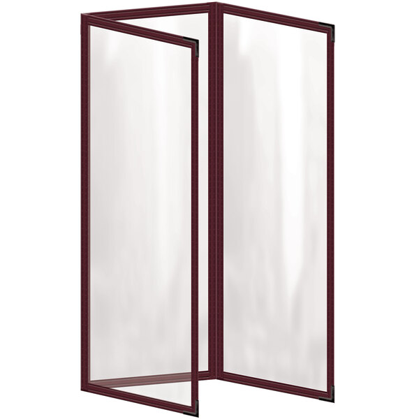 A rectangular maroon vinyl menu cover with black corners.
