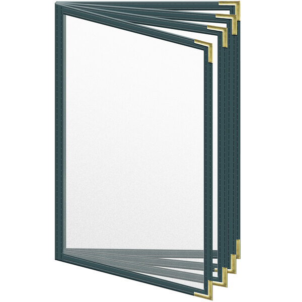 A group of H. Risch, Inc. green and gold menu covers on white paper.