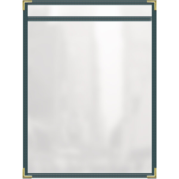 A white rectangular 2 view menu cover with green and gold accents.