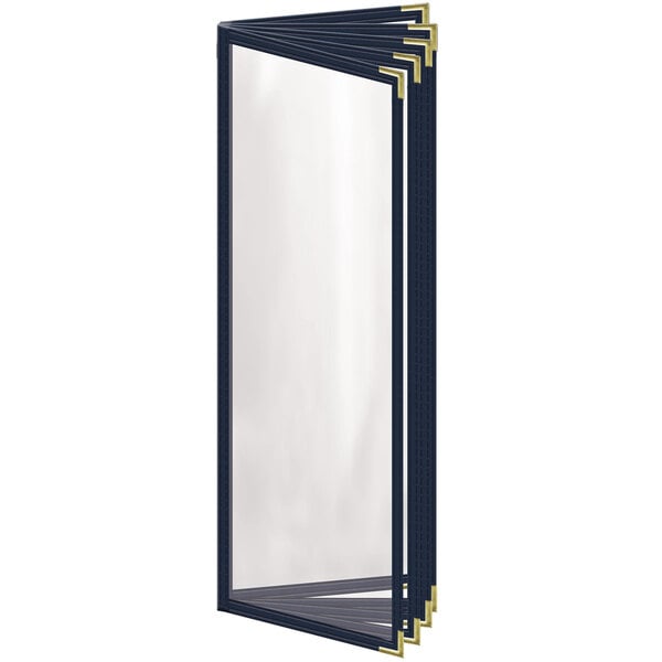 A close-up of a blue and white rectangular menu cover with gold corners and a gloss finish.