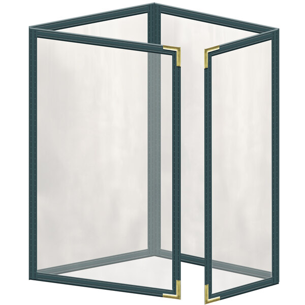 A green rectangular vinyl menu cover with gold smooth corners.