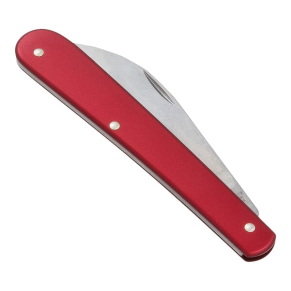 A red Victorinox bread lame with a silver blade and silver screws.