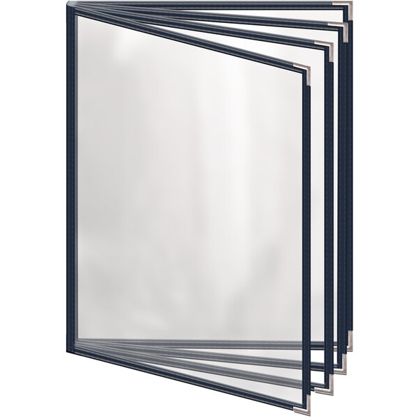A blue H. Risch, Inc. menu cover with metal corners and a glossy finish.