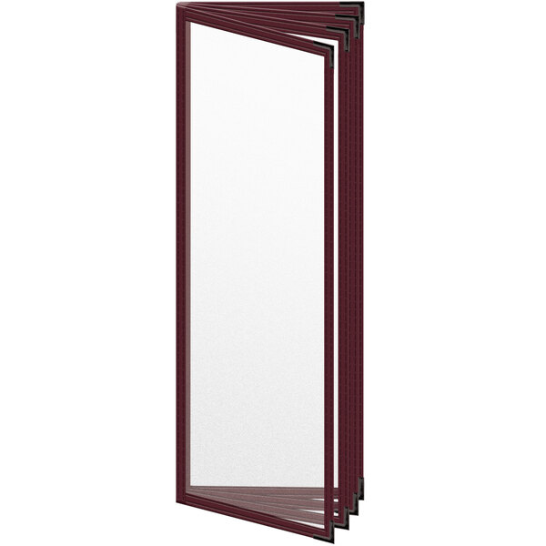 A maroon rectangular menu cover with black corners and matte finish.