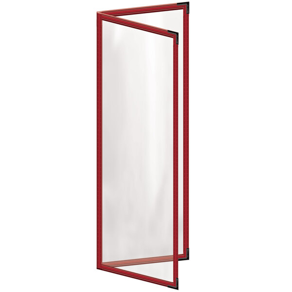 A white rectangular menu cover with red trim and black corners with a clear window showing four pages.