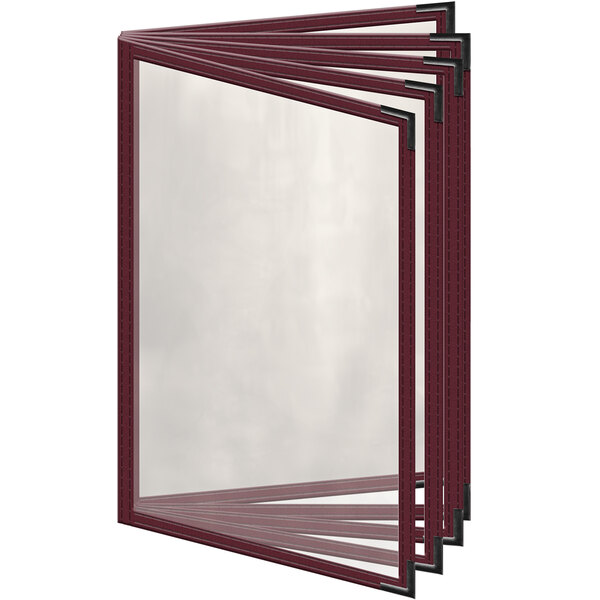A maroon H. Risch, Inc. menu cover with clear plastic.