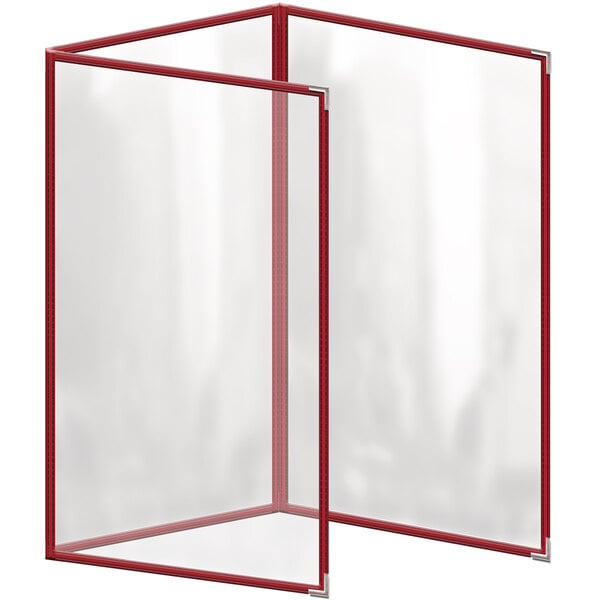 A red vinyl menu cover with clear panels and silver corners.