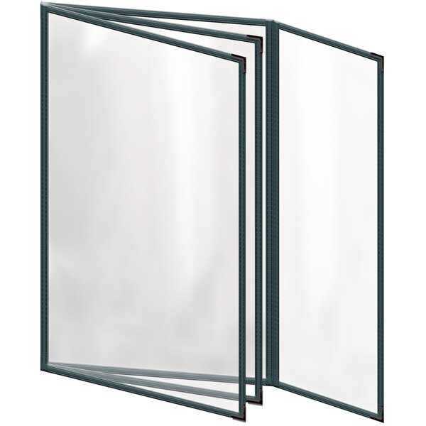 A close-up of a green H. Risch, Inc. menu cover with clear plastic panels and black corners.