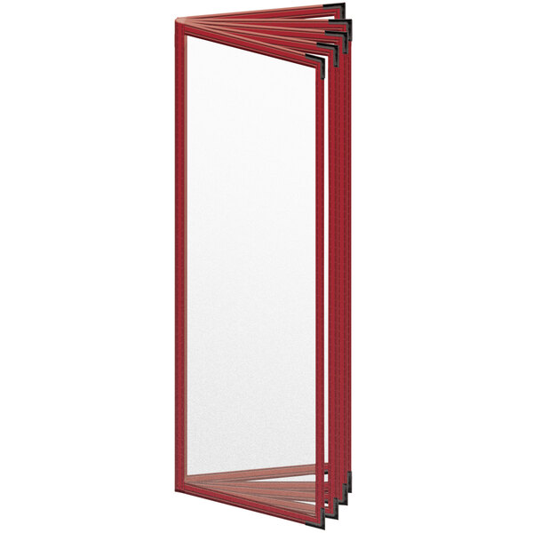 A red rectangular H. Risch, Inc. menu cover with black corners and matte finish with white trim.