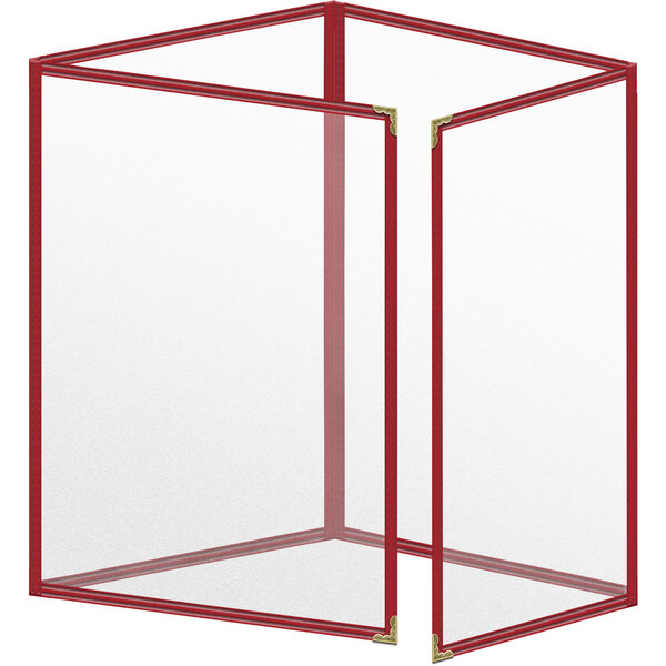 A red rectangular vinyl menu cover with gold corners and matte finish.