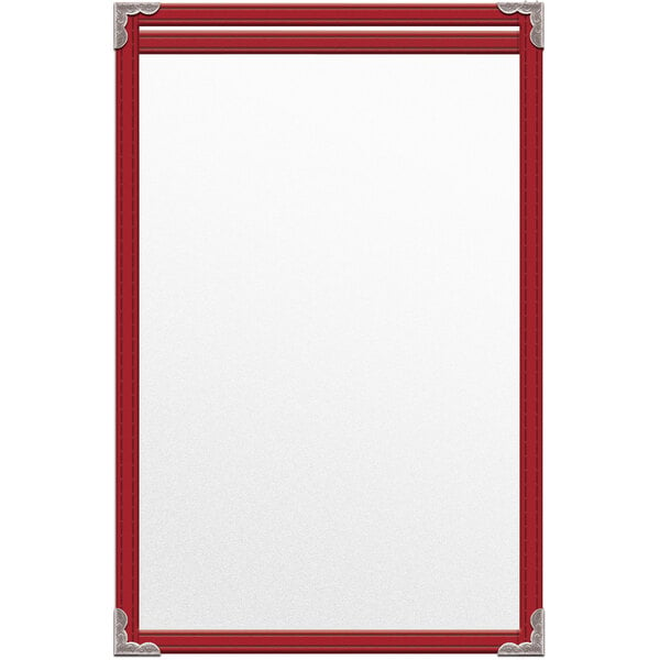 A white board with red stitching and a red frame holding two menu pages.