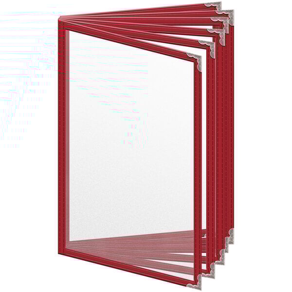 A group of red H. Risch, Inc. 12 view menu covers with silver corners.
