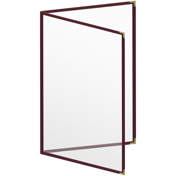 A white paper with a maroon border in a glass frame with gold corners.