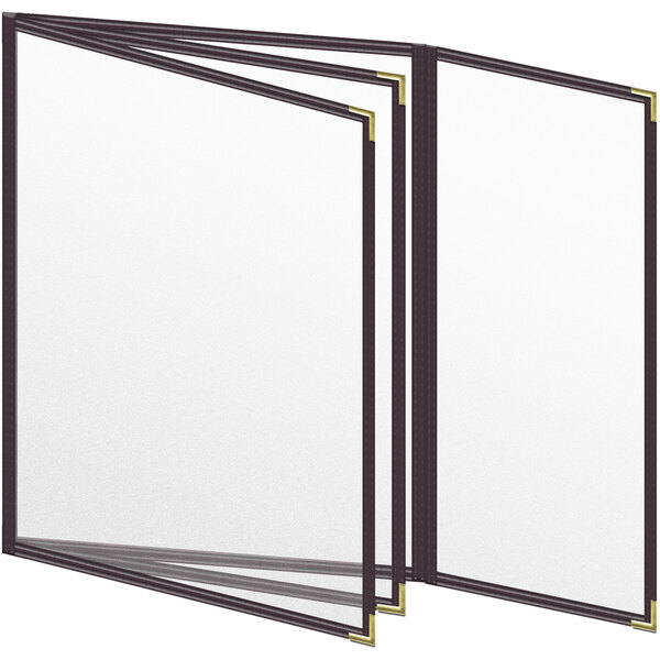 A brown H. Risch, Inc. menu cover with black corners and a matte finish with white paper showing inside.