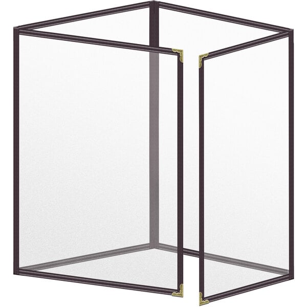 A white rectangular menu cover with a black border and gold decorative corners.