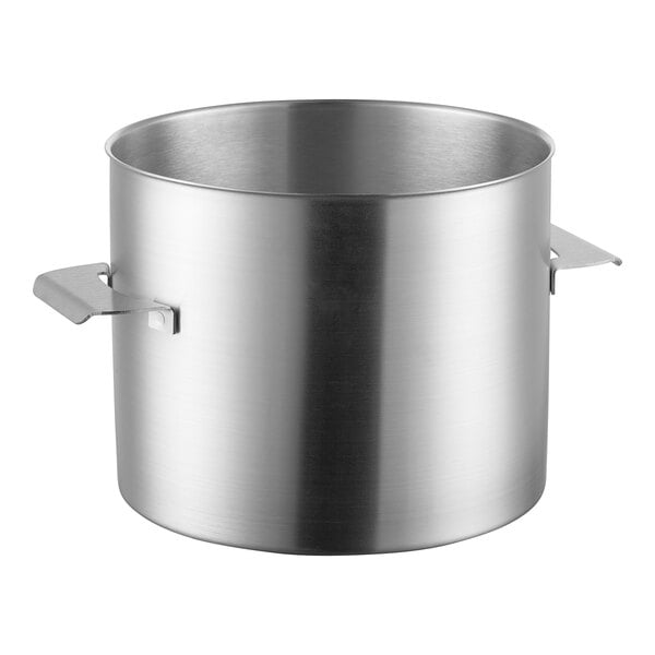 A stainless steel Robot Coupe mini bowl with two handles.