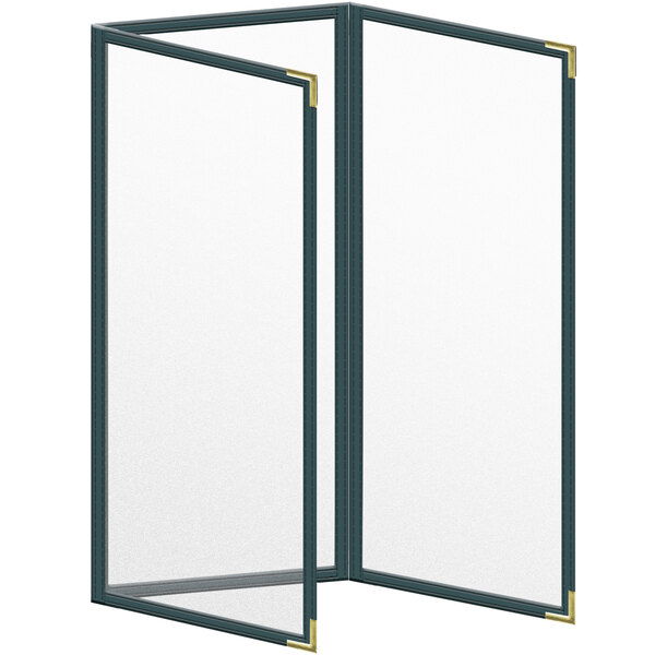 A white rectangular H. Risch, Inc. menu cover with black corners and a green and gold design.