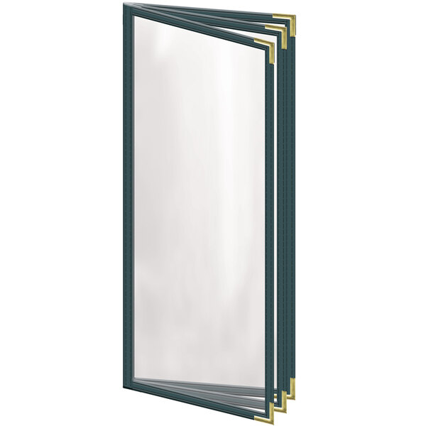 A green H. Risch, Inc. menu cover with gold trim on a menu.
