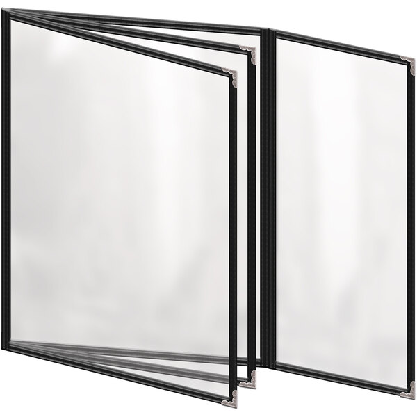 A black H. Risch, Inc. menu cover with silver decorative corners and a glossy finish with white background.