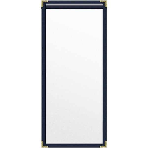 A white rectangular menu cover with gold decorative corners.