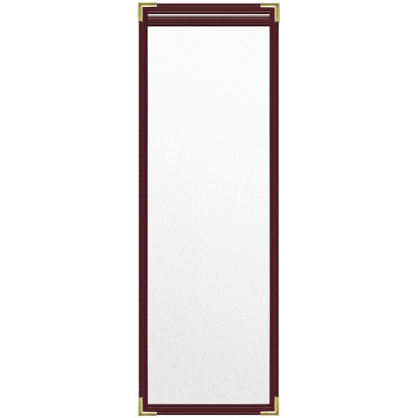 A rectangular maroon menu cover with gold trim.